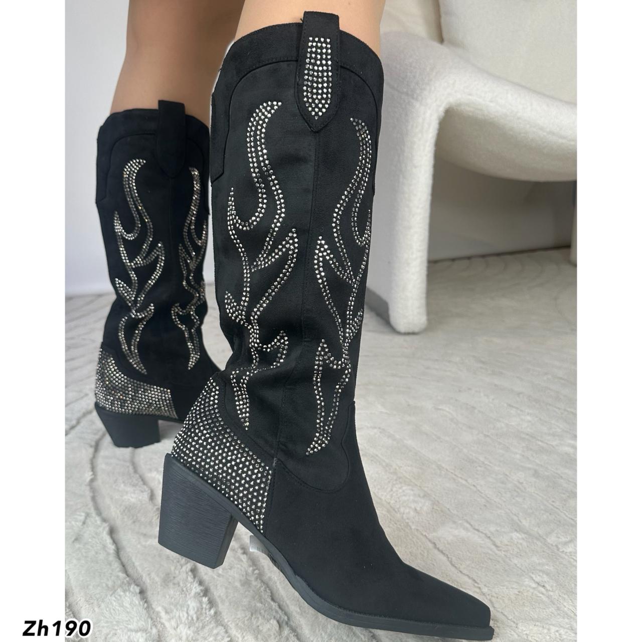 Bota texana negro apliques plateado brillantes tacon 7cm HX3149-C1185